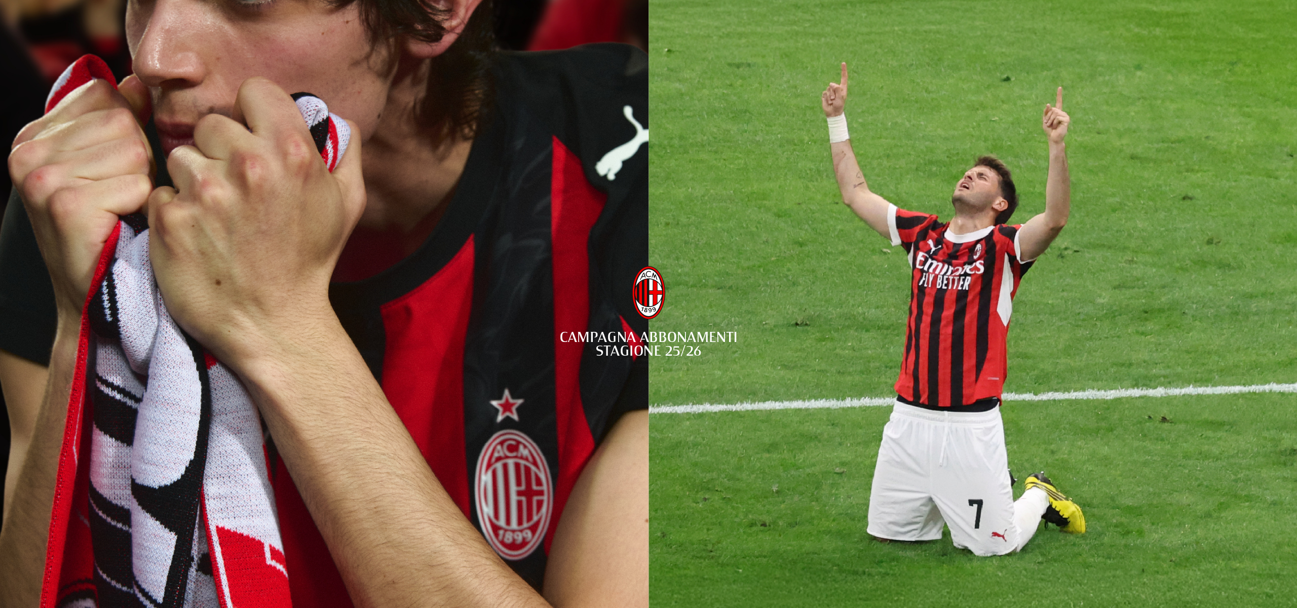Grafica campagna abbonamenti Milan 25/26 con a sinistra un tifoso che stringe la sciarpa rossonera a pugni chiusi e a destra un giocatore in ginocchio con le braccia alzate al cielo, logo Milan al centro