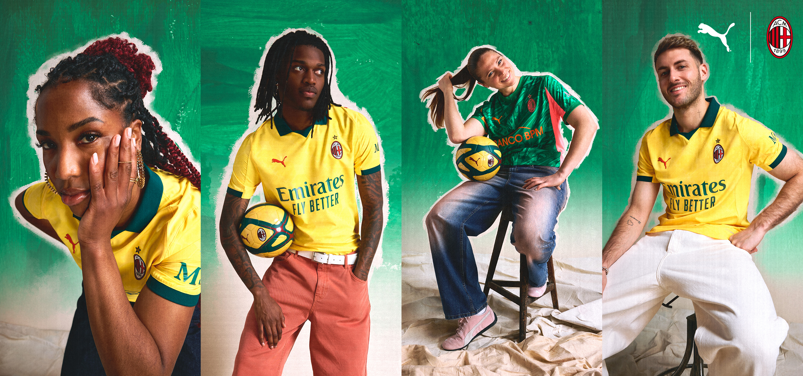Dompig, Leao, Giuliani e Gimenez in posa indossando il Third Kit PUMA x AC Milan 2025/26
