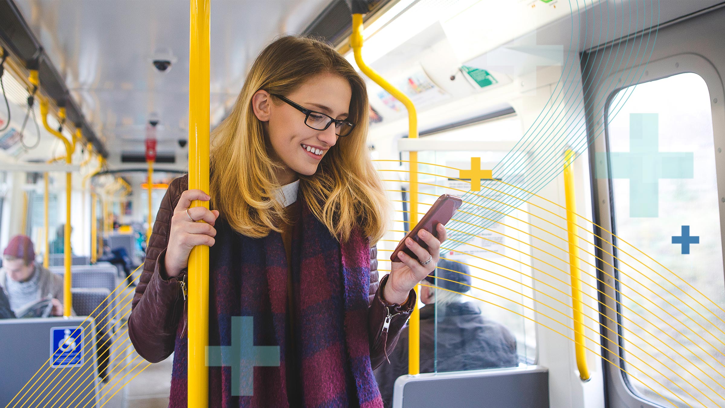 Woman on bus looking at app on phone