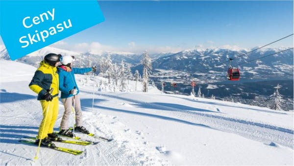 Two skiers on Goldeck looking out over the gondola and the Drava valley, Ski pass prices label, © Gert Perauer Two skiers on Goldeck looking out over the gondola and the Drava valley, Ski pass prices label, © Gert Perauer