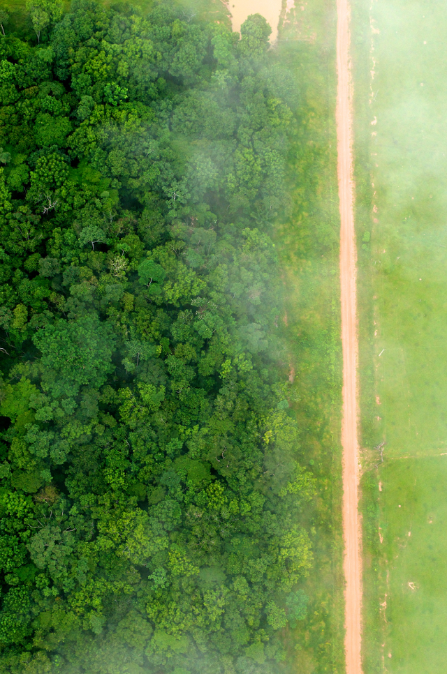 Deforestation: A bird's eye view shows the contrast between forest and agricultural landscapes near Rio Branco, Acre, Brazil.  Photo by Kate Evans/CIFOR