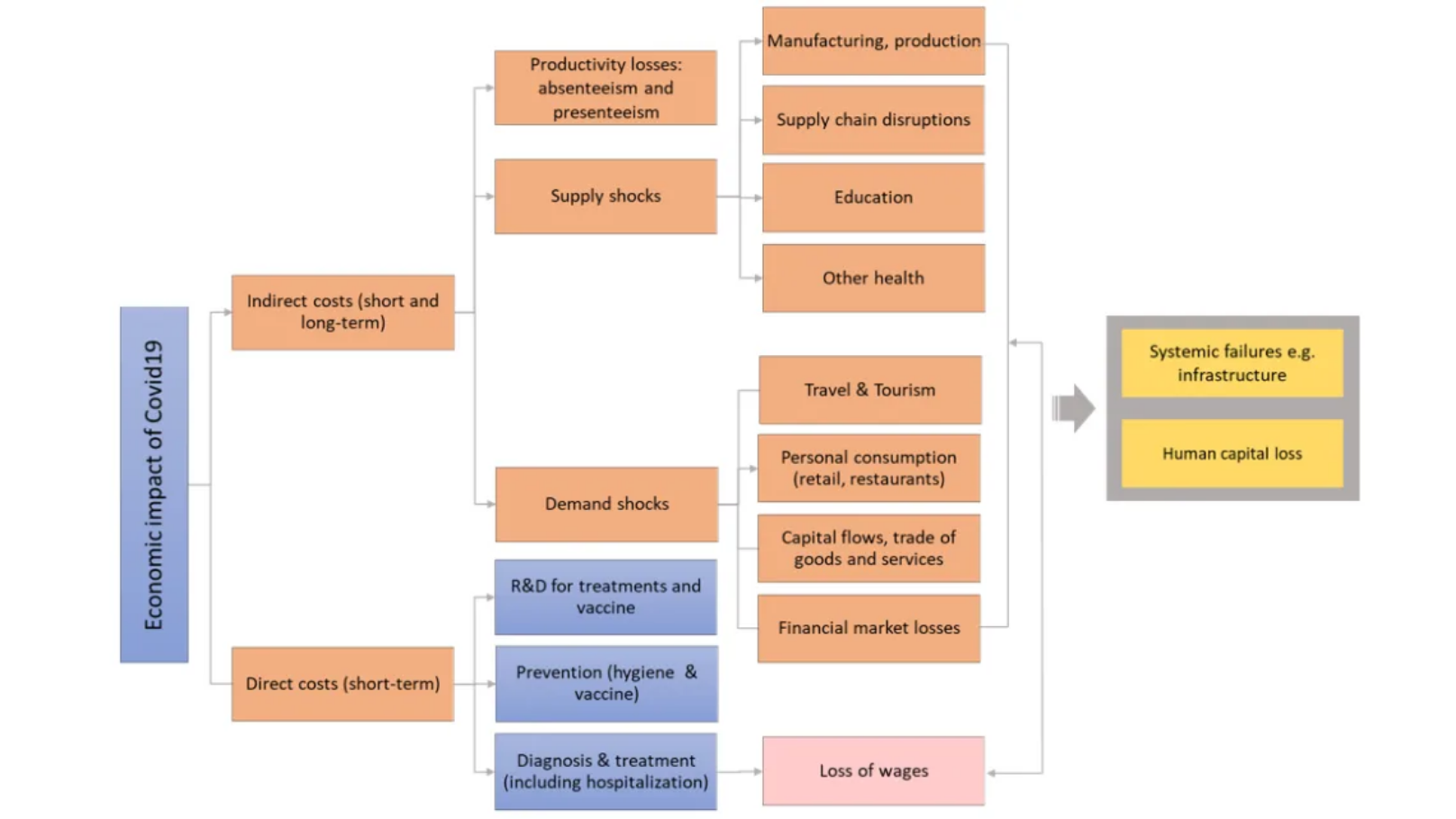 Summary of the breakdown of the direct and indirect costs of COVID-19, adapted from Evans D, Over M. 2020. The Economic Impact of COVID-19 in low and middle-income countries. Center for Global Development, March 12, 2020: Washington, DC.