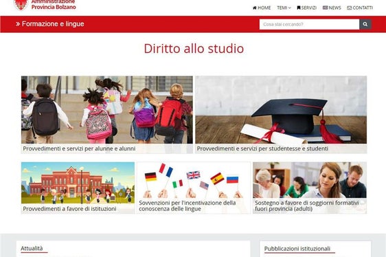 La homepage del nuovo portale dedicato al diritto allo studio