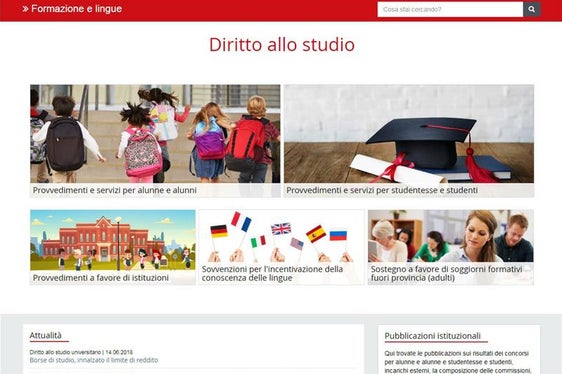 La homepage del nuovo portale dedicato al diritto allo studio