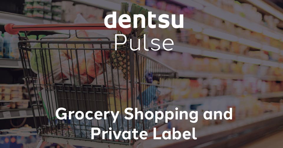 Shopping trolley filled with groceries in a supermarket aisle, overlaid with the text 'dentsu Pulse – Grocery Shopping and Private Label