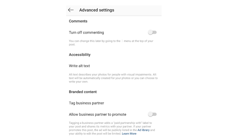 Screen grab of post settings showing how to add alt text
