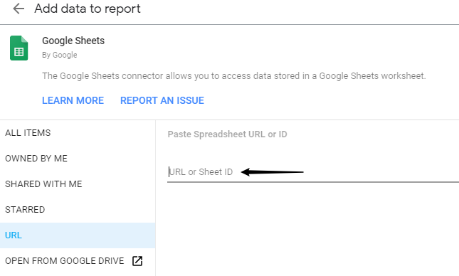 example image of entering google sheet url