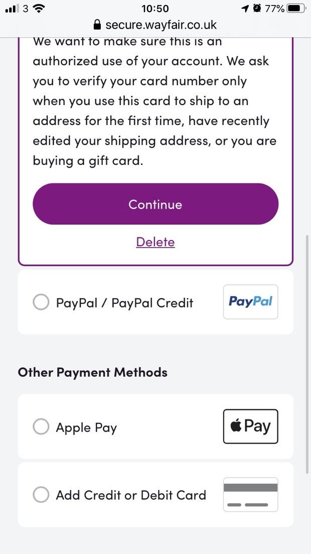 example of different payment methods on wayfair