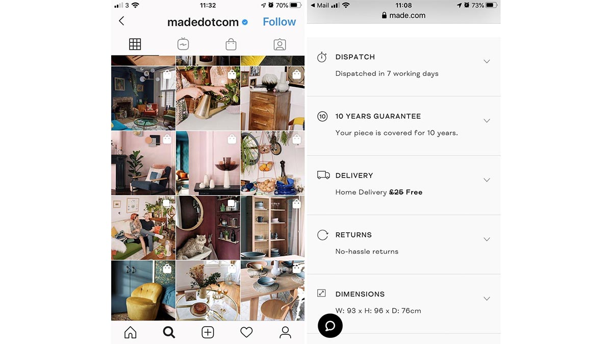 made.com instagram post and delivery options