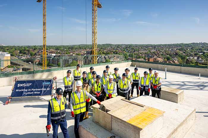 SNG, Hill Group and Stevanage Council colleagues pose for drone photo above Lytton Way development