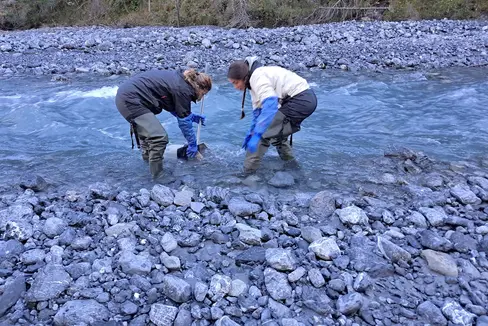 Das Biodiversitätsmonitoring in Fließgewässern wurde während im Trafoier Bach untersucht. (Foto: LPA/Deutsche Bildungsdirektion/Landesamt für Didaktik/Guido Caracristi)