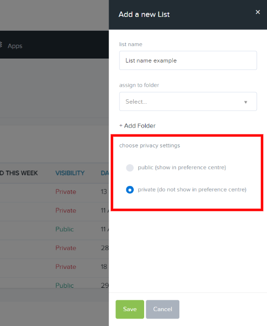 Define privacy settings of a new list or custom field