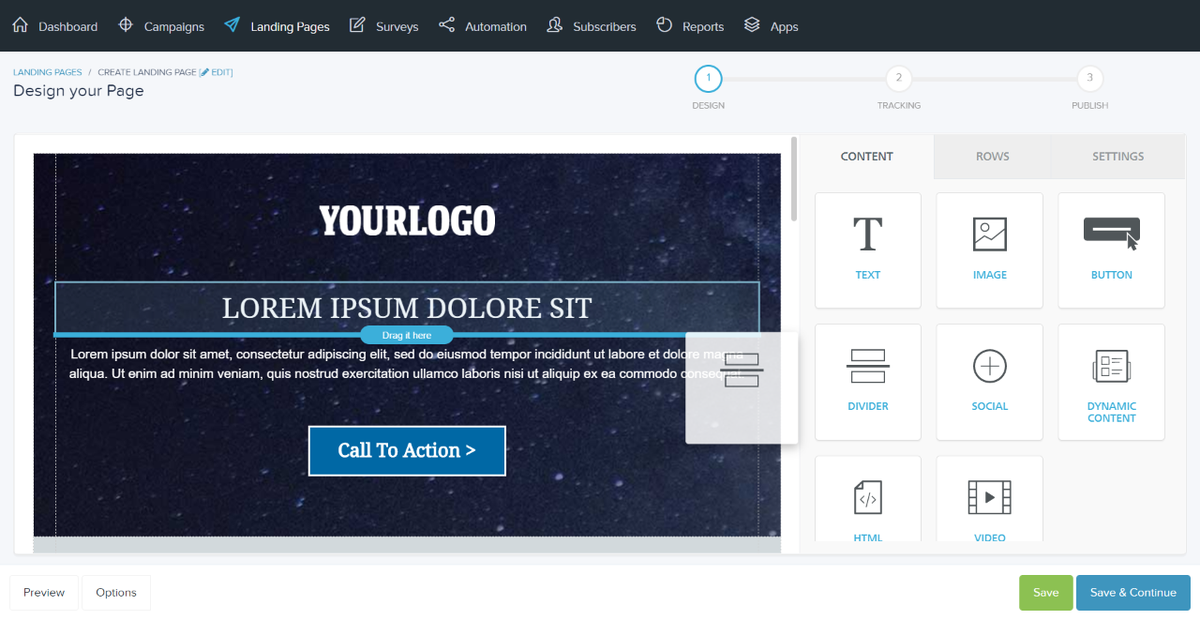 Design your landing page in the drag and drop editor