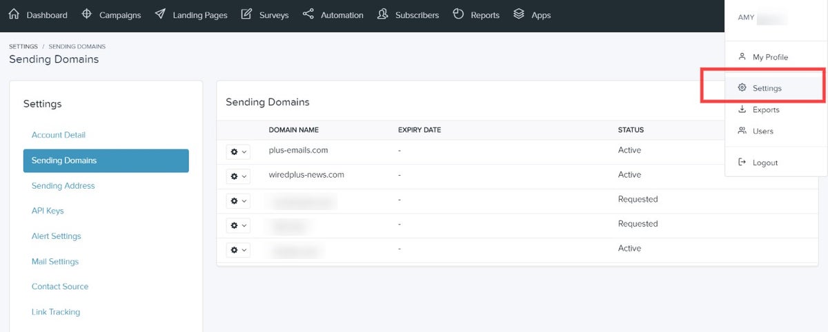 Manage your custom domain in Sending Domains under your account settings
