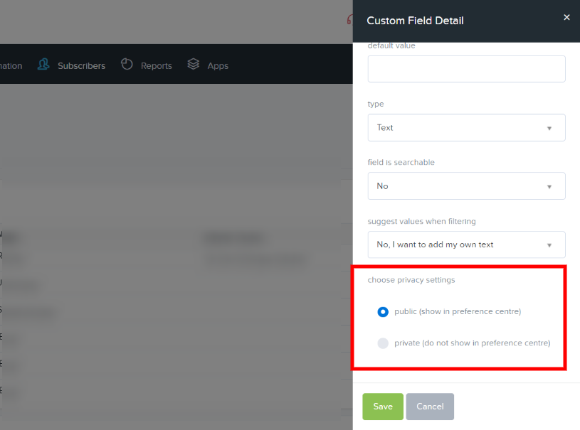 Choose privacy settings for a new custom field