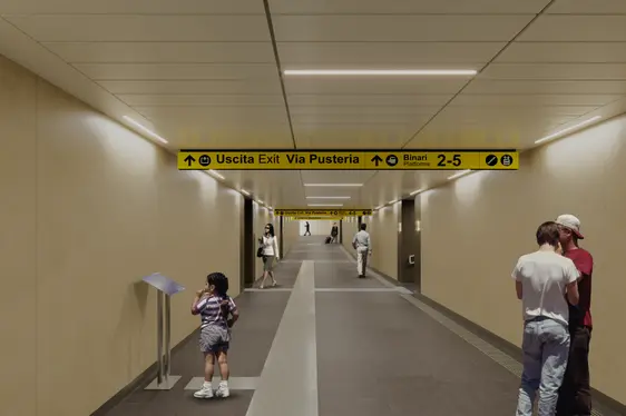 Hauptziel des Masterplans ist der Ausbau der Bahninfrastruktur. Vorgesehen ist eine zentrale Unterführung mit Aufzügen, Treppen und erhöhten Bahnsteigen. (Rendering: Gruppo FS)