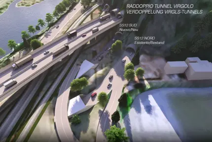 Das Projekt sieht vor, den bestehenden Virgl-Tunnel in eine zweispurige Röhre umzuwandeln, und zwar mit Einbahnverkehr in Richtung Brenner. Zudem soll ein neuer Tunnel mit zwei Fahrspuren und Einbahnverkehr in Richtung Trient entstehen. (Rendering: Landesabteilung Tiefbau)