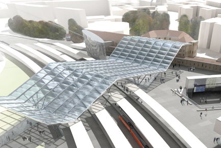 Entwurf des neuen Bahnhofes Bozen (nach dem Projekt Podrecka)