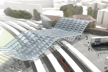 Entwurf des neuen Bahnhofes Bozen (nach dem Projekt Podrecka)