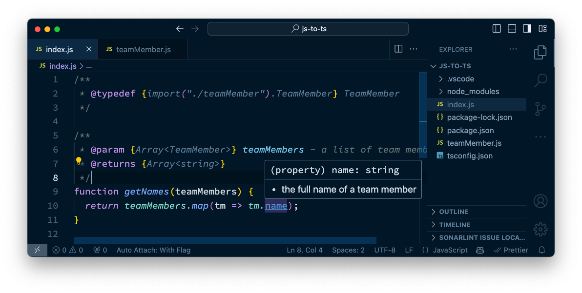 A screenshot of the above code in VS Code. The call to the name property of the tm variable is highlighted and a popover shows TypeScript's understanding of the code. It is shown to be a string and it pulls through the documentation from the JSDoc type definition in another file.