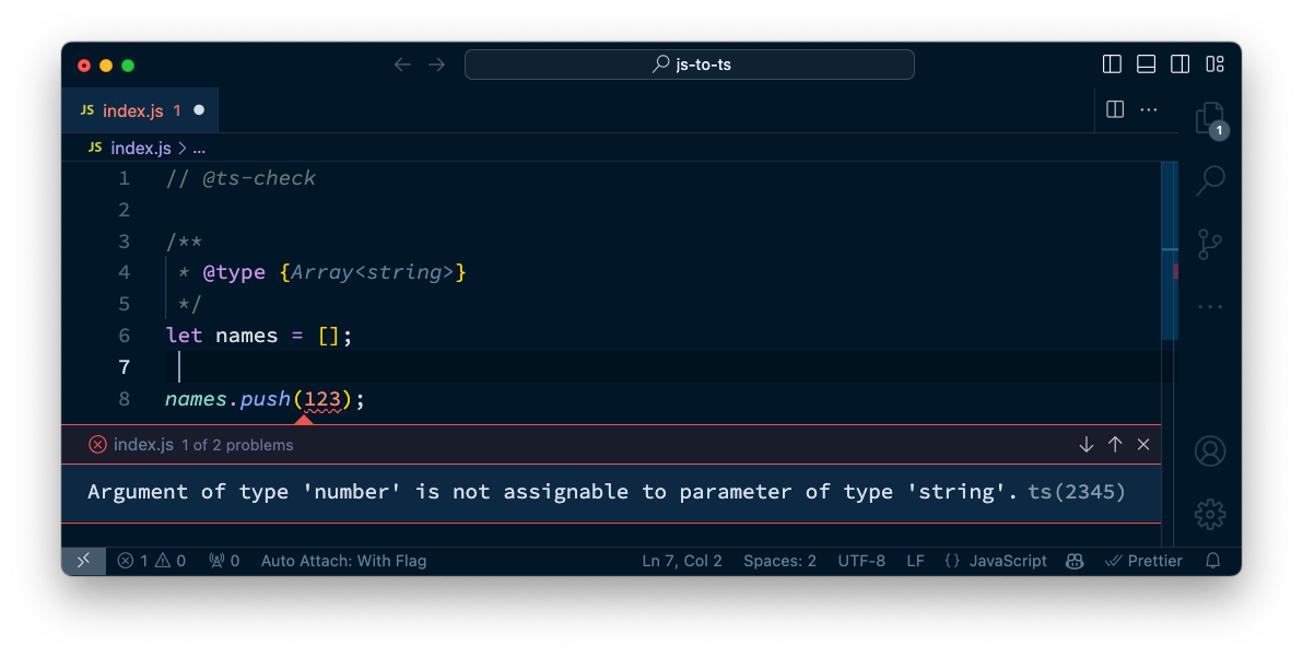A screenshot of the code above, with the addition of a line where we push a number into the array of names. A TypeScript error is shown in the JavaScript file saying "Argument of type 'number' is not assignable to parameter of type 'string'.