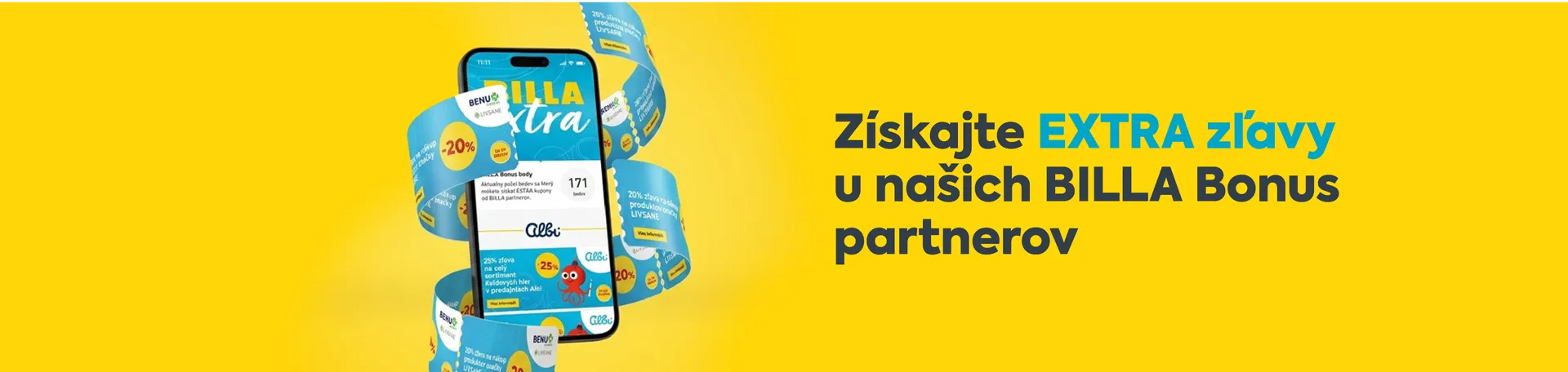 BILLA Bonus Extra banner s kupónmi a mobilom