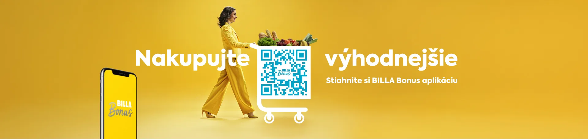 BILLA Bonus žena s plným nákupným vozíkom