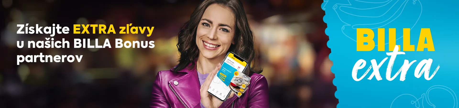 BILLA EXTRA zľavy banner s Gabikou Marcinkovou a aplikáciou v telefóne