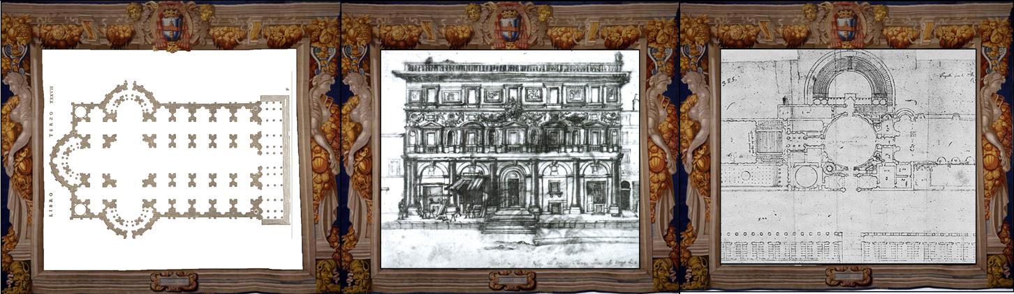 Pianta della Basilica di San Pietro secondo il progetto di Bramante e Raffaello, da Sebastiano Serlio, terzo libro dell’architettura, p. XXXVII, Venezia, 1540
Giovan Battista Naldini, Palazzo Branconio dell’Aquila 1560 ca, Gabinetto dei Disegni e delle Stampe delle Gallerie degli Uffizi, 230 Ar., part.
Cordini Antonio detto Antonio da Sangallo il Giovane per Raffaello, Pianta di Villa Medici a Monte Mario 1519, Firenze, Gabinetto dei Disegni e delle Stampe delle Gallerie degli Uffizi, 314A,part.