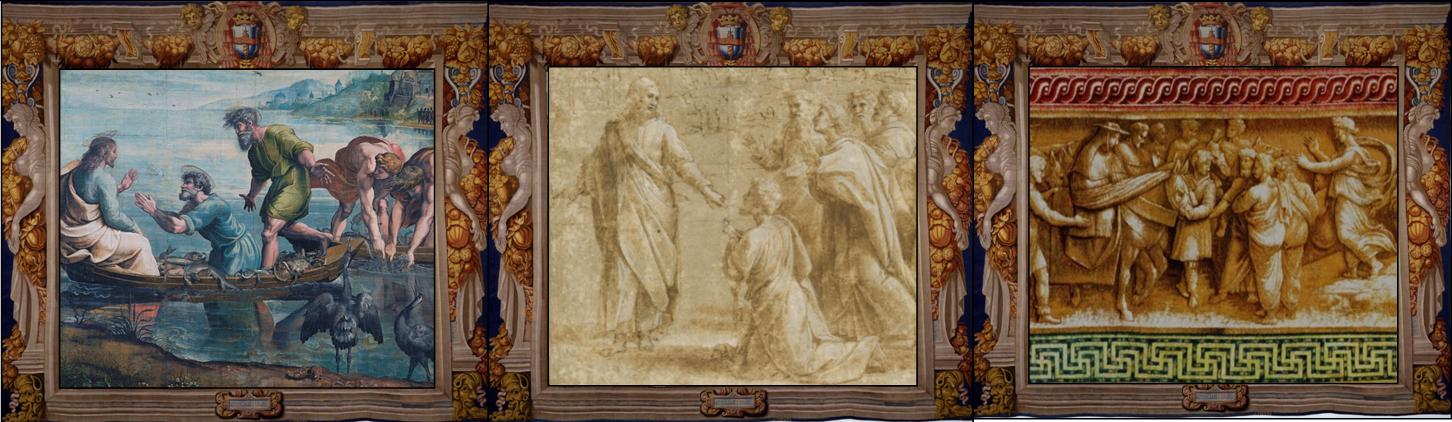 Raffaello Sanzio, La pesca miracolosa 1515-1516, Londra, Victoria & Albert Museum, part.
Raffaello Sanzio, La consegna delle chiavi 1515 ca., Parigi, Louvre, part.
Pieter van Aelst (bottega) su disegno di Raffaello, La lapidazione di Santo Stefano, Città del Vaticano, Pinacoteca Vaticana, particolare della bordura