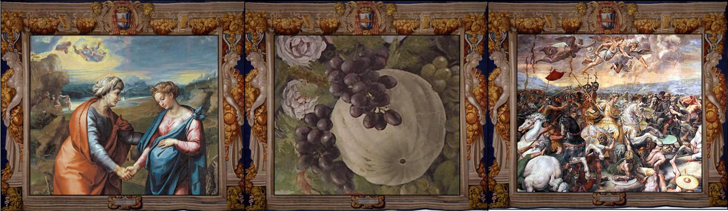 Giulio Romano e Giovan Francesco Penni (su disegno di Raffaello), La Visitazione 1517, Madrid, Museo del Prado
Giovanni da Udine, Festoni vegetali della Loggia di Psiche 1517-1518, Roma, Vila Farnesina (part.)
Giulio Romano (su disegno di Raffaello), Sala di Costantino, Battaglia di Ponte Milvio 1520-24, Città del Vaticano, Musei Vaticani, part.