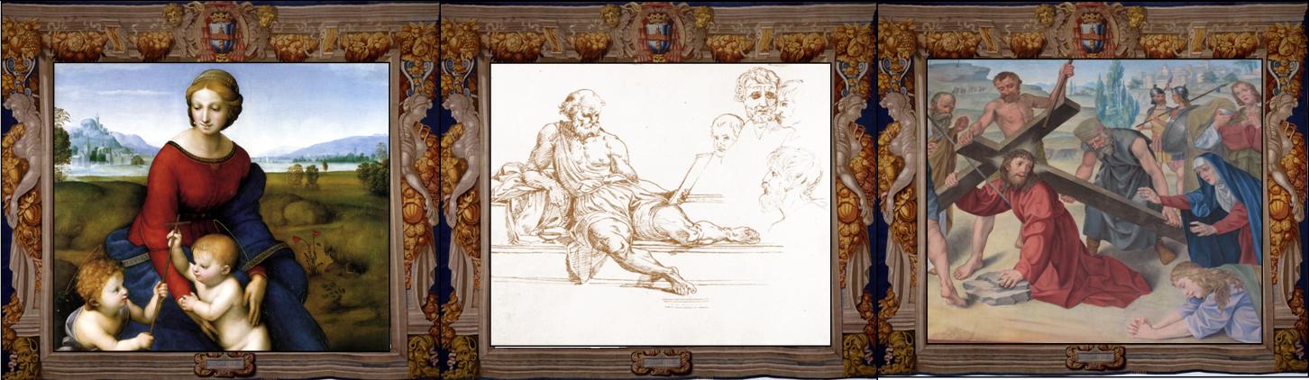 Raffaello Sanzio, Madonna del prato (o del Belvedere), Vienna, Kunsthistorisches Museum, part.
Joseph Schöpf, Diogene e quattro studi di teste (disegni ripresi rispettivamente da La Scuola di Atene e da Gregorio IX approva le decretali nella Stanza della Segnatura) Bressanone, Museo Diocesano
Caius D’Andrea, Andata al Calvario, Bolzano, Franziskanergymnasium, Caius-D’Andrea-Saal, part.