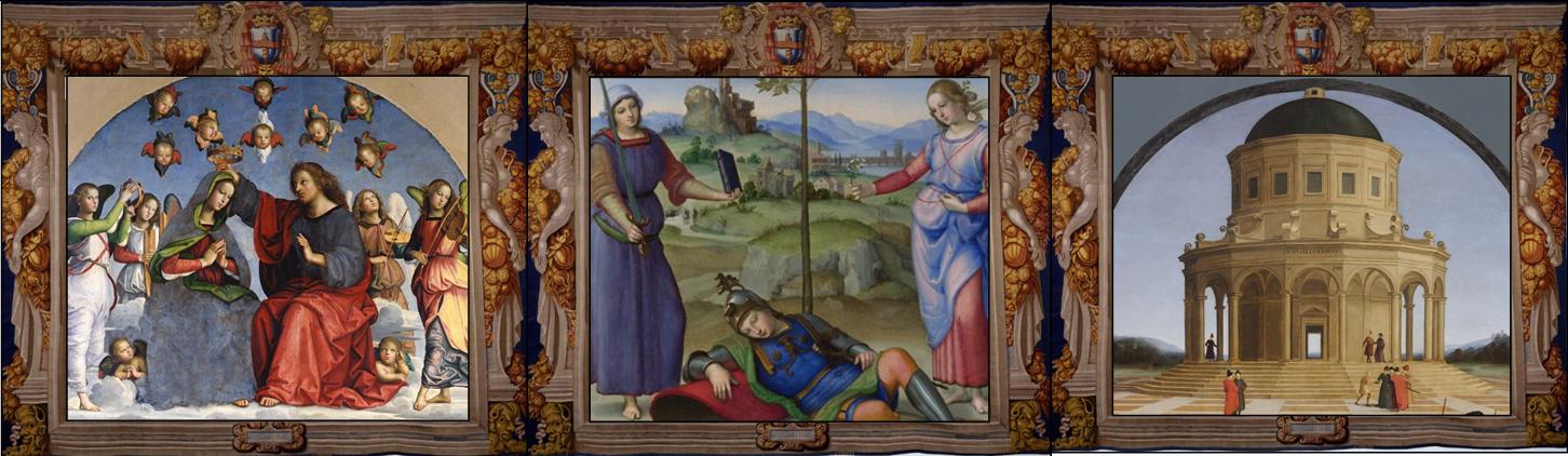 Incoronazione della Vergine (Pala Oddi), Pinacoteca Vaticana, Città del Vaticano, part.
Il sogno del cavaliere, National Gallery, Londra, part.
Lo Sposalizio della Vergine, Pinacoteca di Brera, Milano, part.