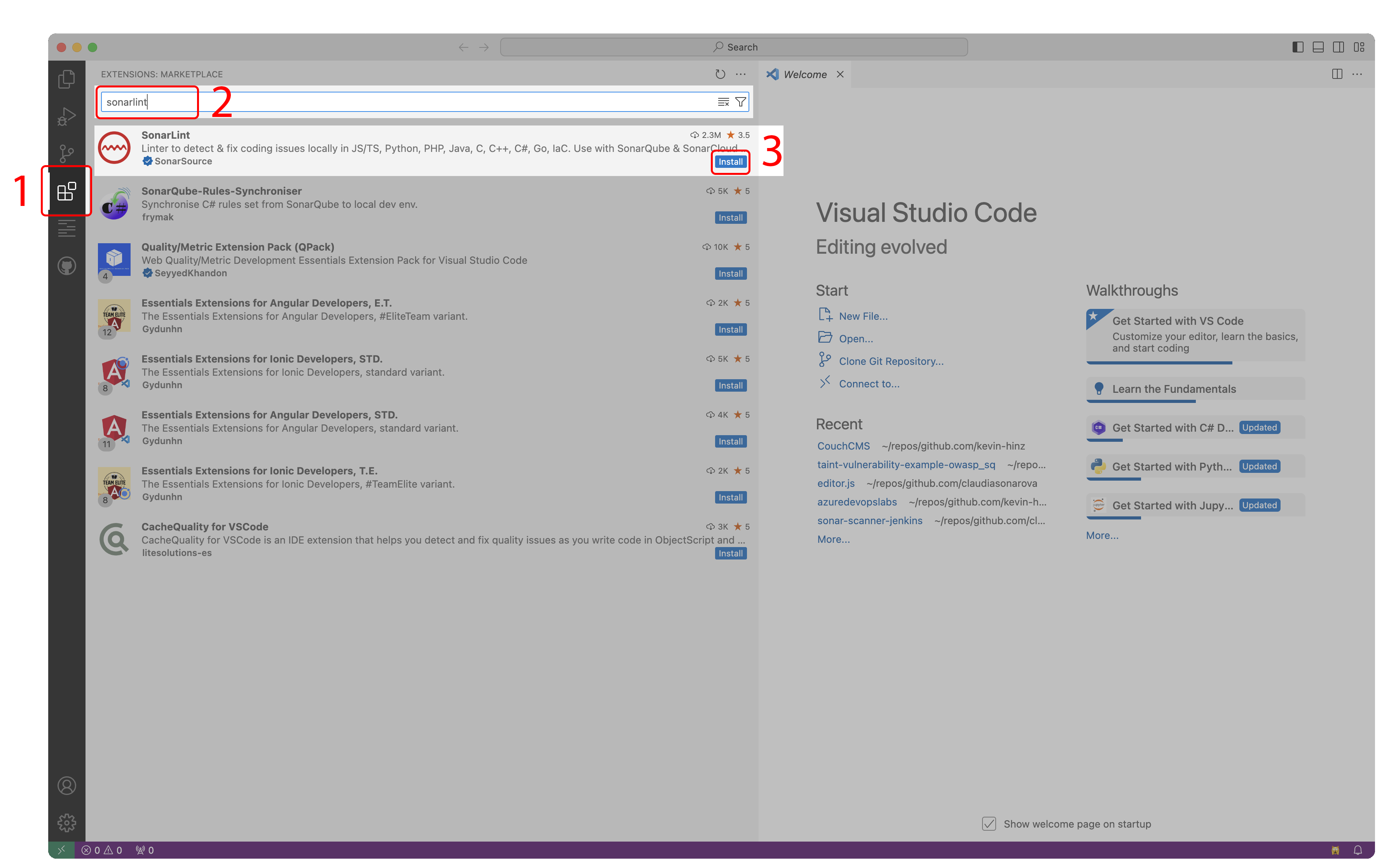 How to find SonarLint in the VS Code Extension Marketplace.