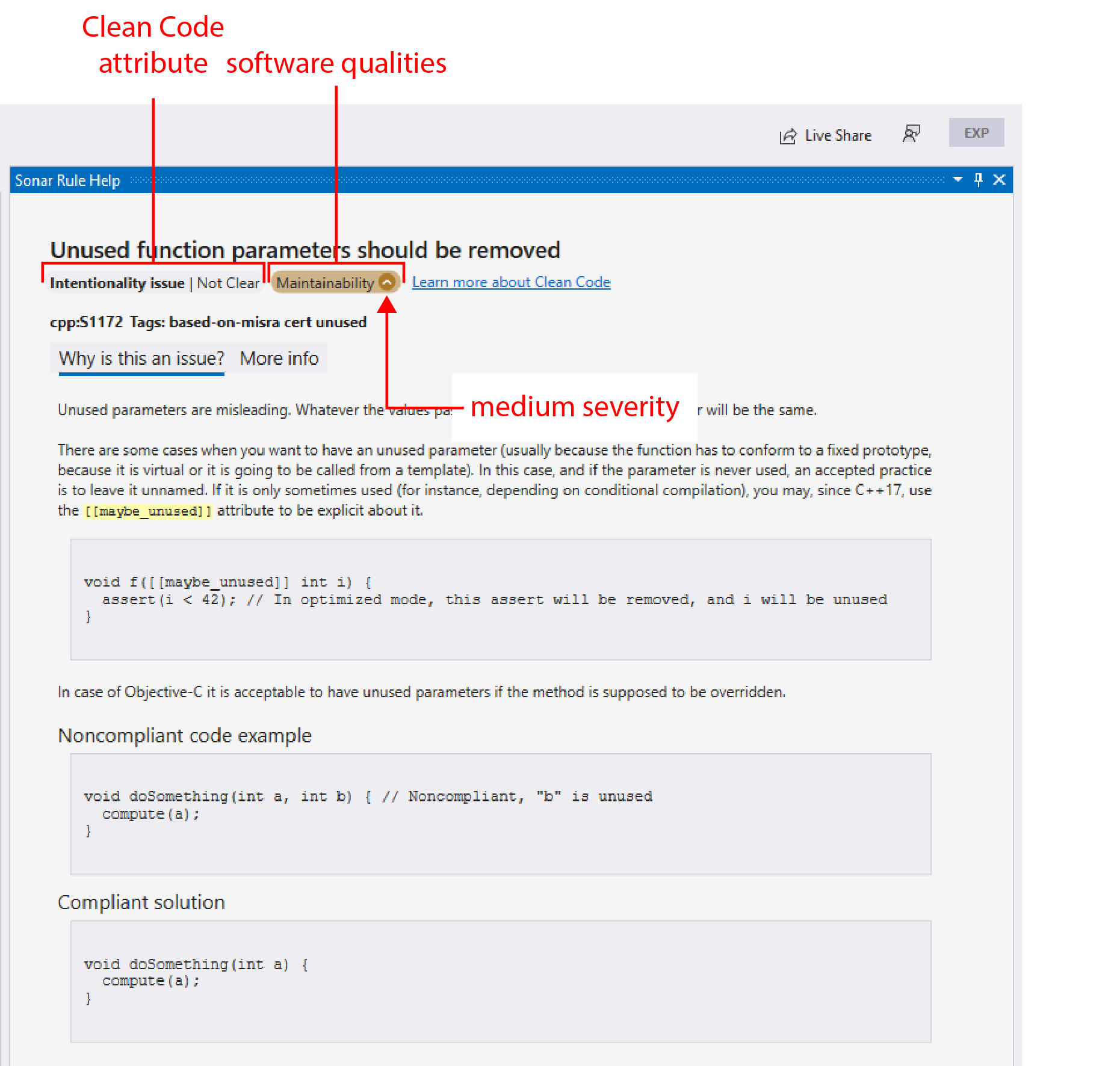 Clean Code attributes and software qualities as they appear in the Sonar Rule Help view window. Your actual view may be different because when running in connected mode with SonarQube Server, the server's mode is respected. Clean Code attributes and software qualities as they appear in the Sonar Rule Help view window. Your actual view may be different because when running in connected mode with SonarQube Server, the server's mode is respected.