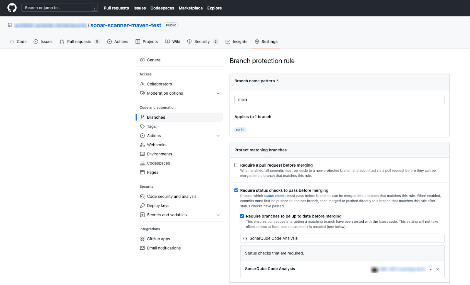 Define the 'SonarQube Code` value as the status check to perform before permitting a PR merge.