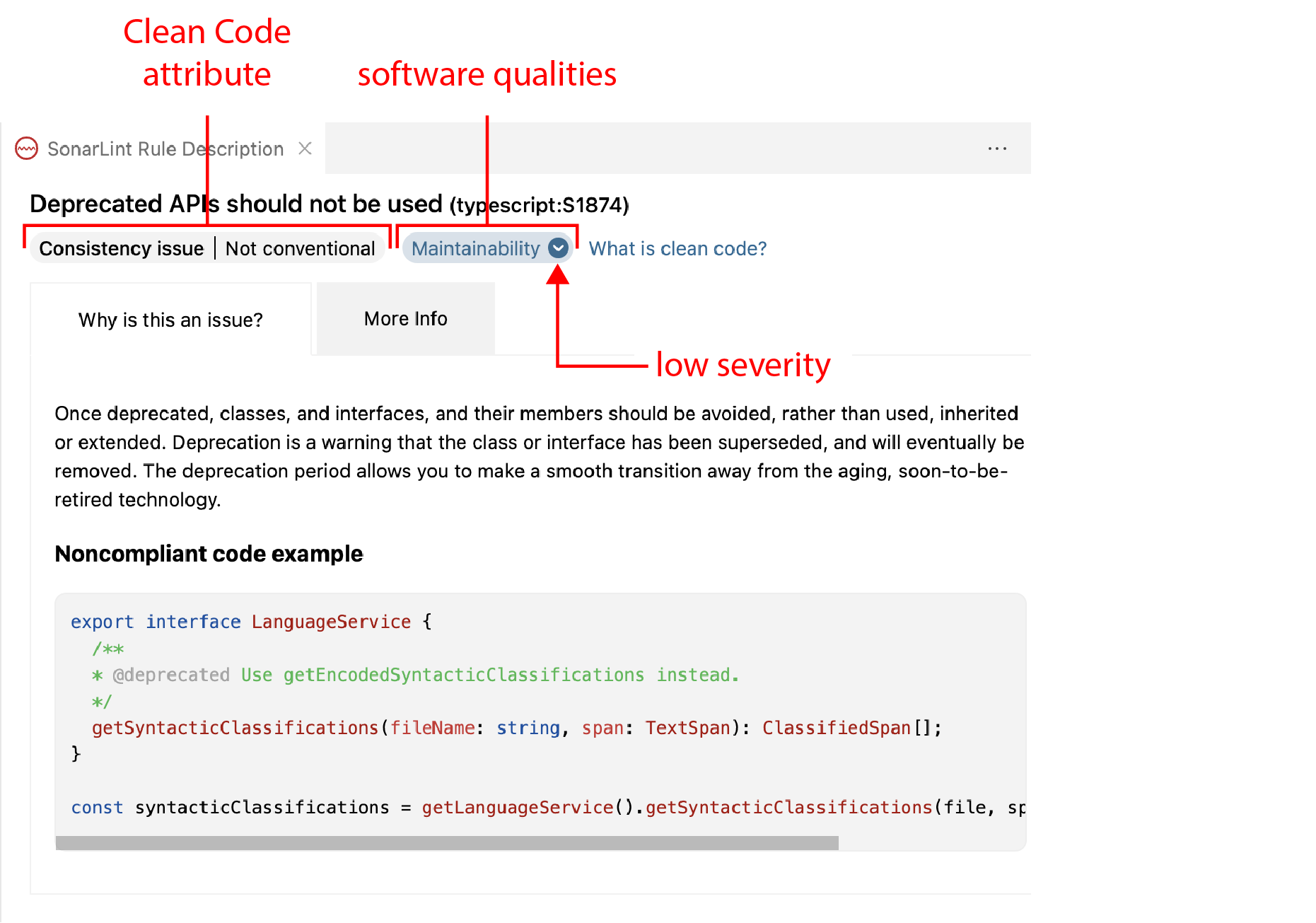 Clean Code attributes and software qualities as they appear in the SonarQube Rule Description view tab. Your actual view may be different because when running in connected mode with SonarQube Server, the server's mode is respected.