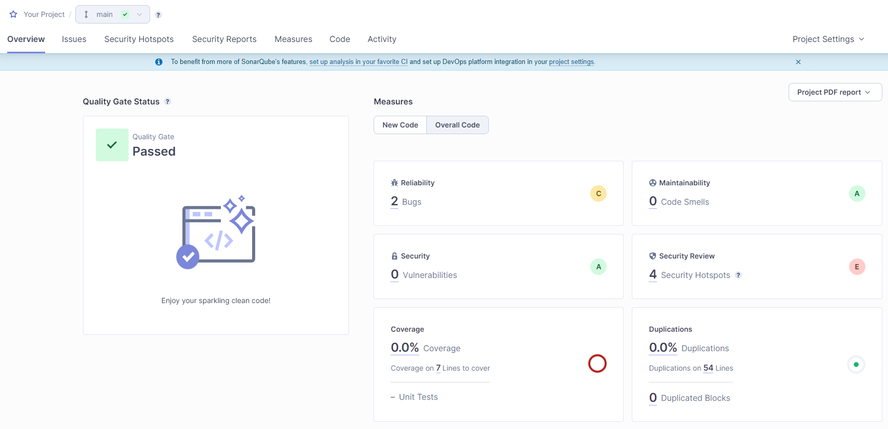 The screenshot shows the project overview page after an analysis