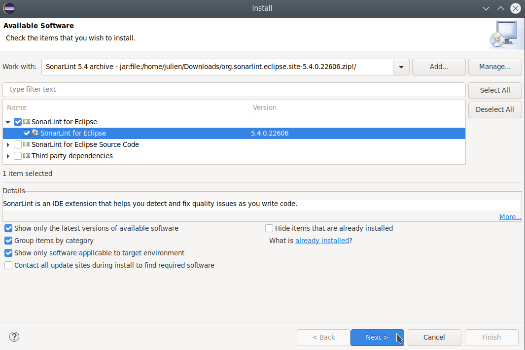 Select the SonarLint for Eclipse feature to install.