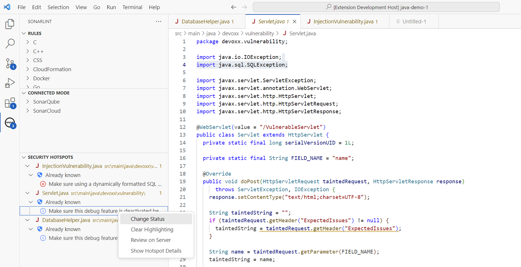 It's possible to change the status of a hotspot in SonarLint, and have the change reflected in SonarQube or on SonarCloud. It's possible to change the status of a hotspot in SonarLint, and have the change reflected in SonarQube or on SonarCloud.