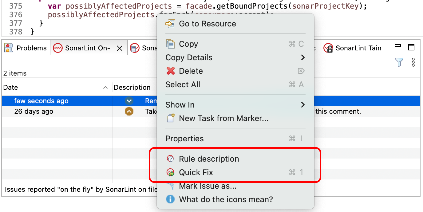 The Quick-fix option is shown when available. The Quick-fix option is shown when available.