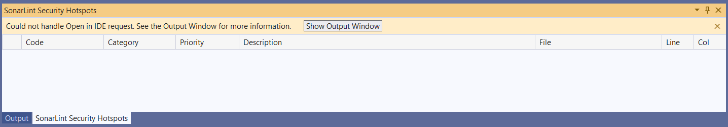 SonarLint will give you a gold bar to explain what went wrong with the Open in IDE request.