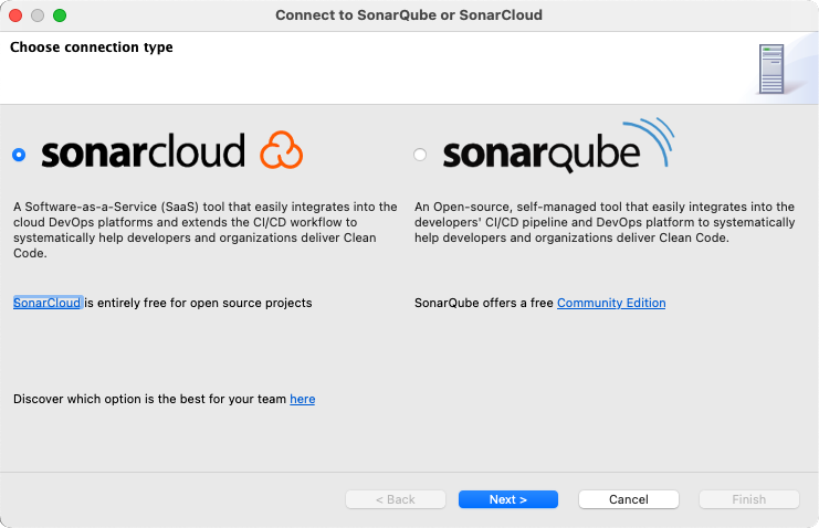 Choose SonarCloud and add server details to set up your connection with SonarLint. Choose SonarCloud and add server details to set up your connection with SonarLint.
