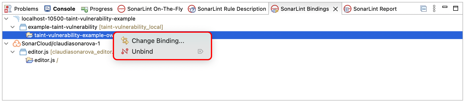 You can view and manage your connections and bindings in the SonarLint Bindings view. You can view and manage your connections and bindings in the SonarLint Bindings view.