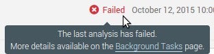 Screenshot of SonarQube showing the last analysis has failed.