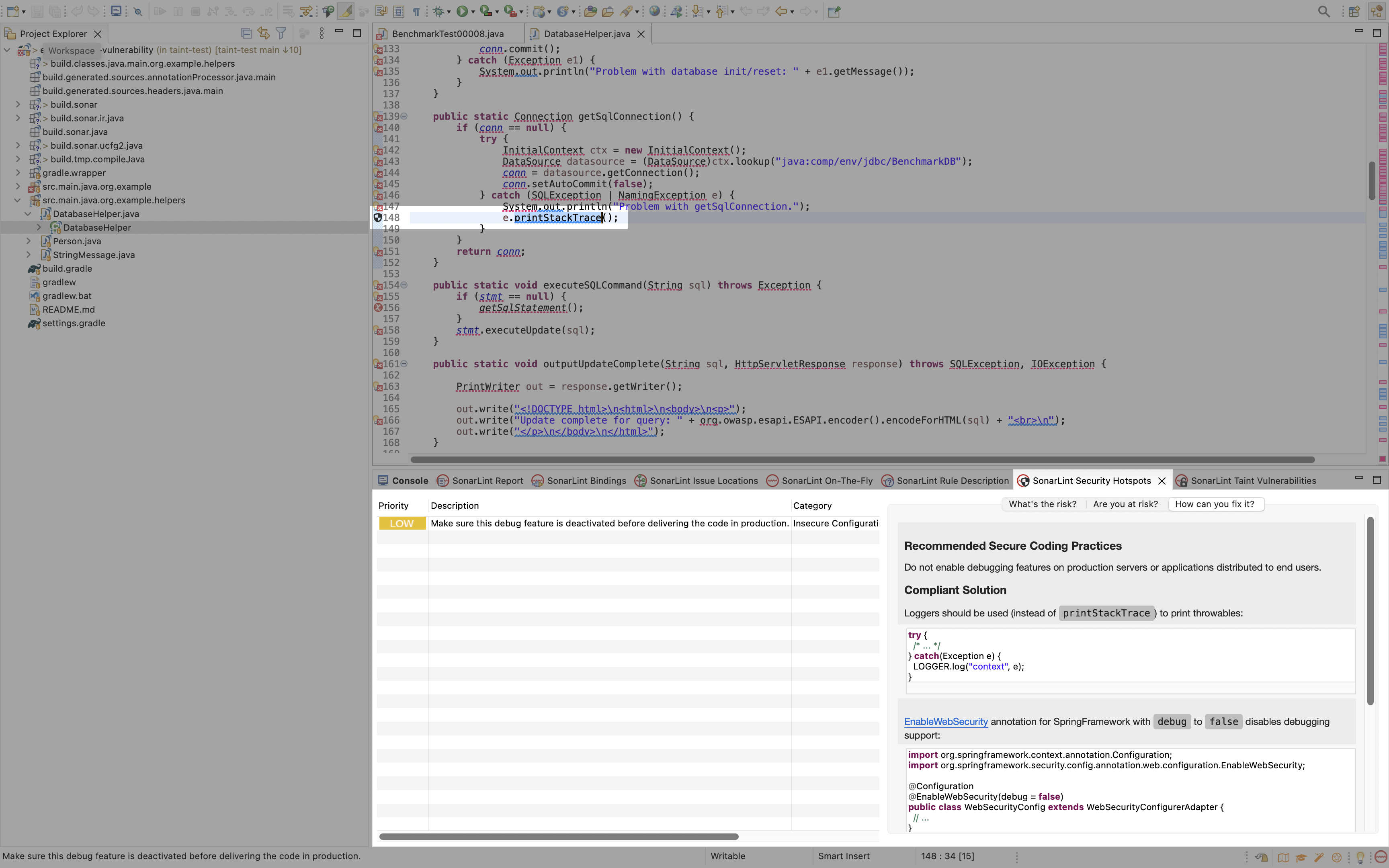Viewing a security hotspot in Eclipse provides information about fixing the issue. Viewing a security hotspot in Eclipse provides information about fixing the issue.
