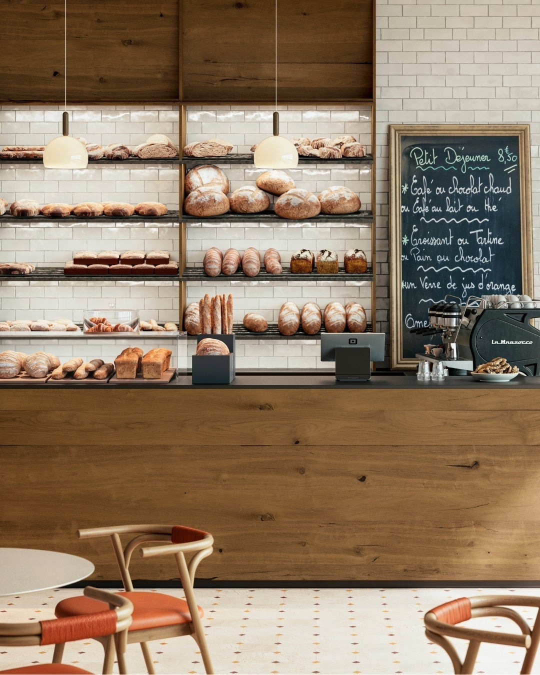 Bakery with wood veneer interior design - Querkus oak Hoboken