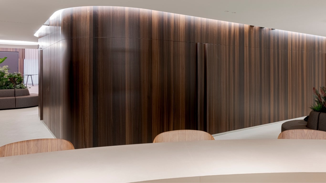 Office project with Shinnoki Shadow Eucalyptus wood veneer