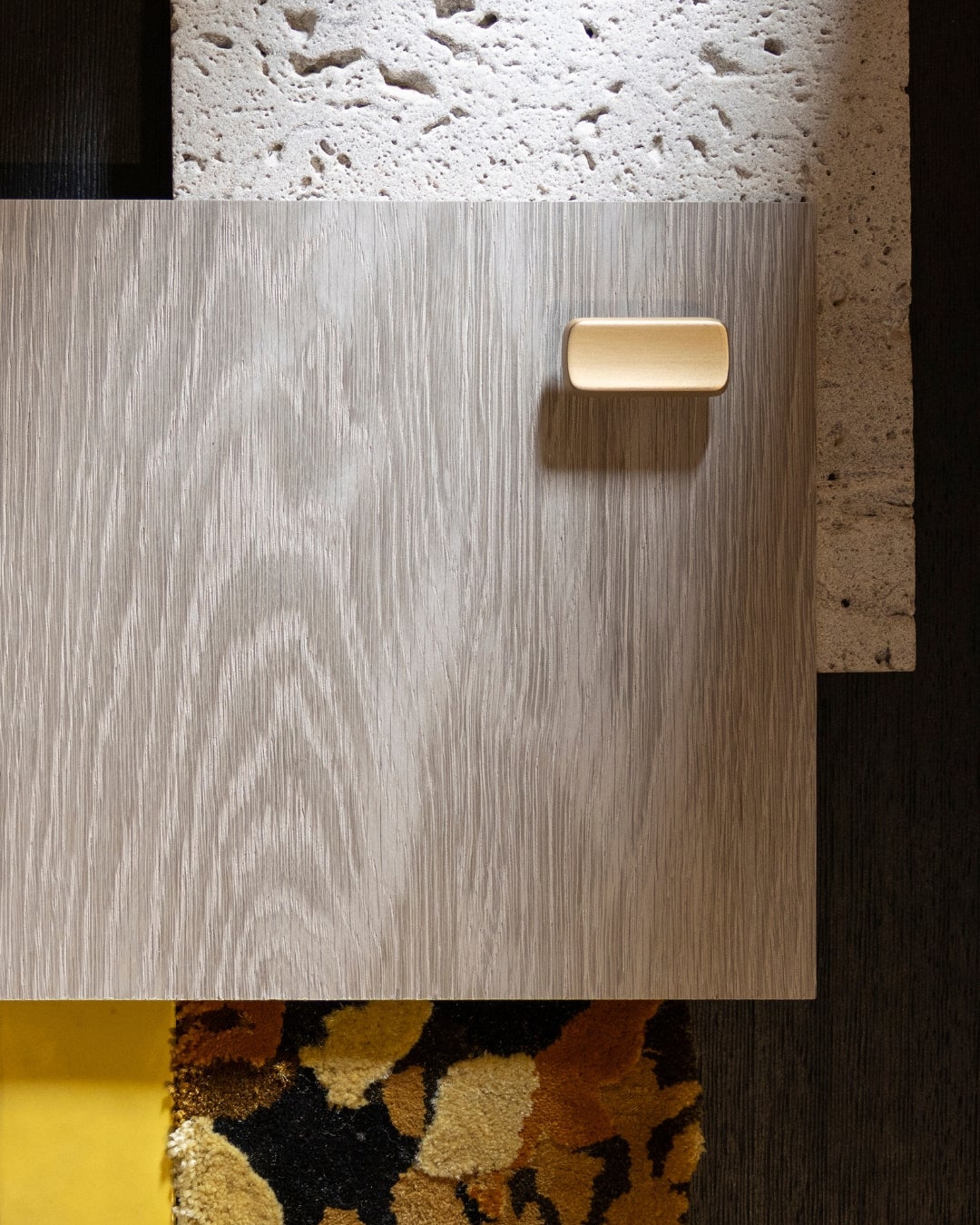 Moodboard of Querkus wood veneer collection - earthy tones - marble - grey and yellow - grigio