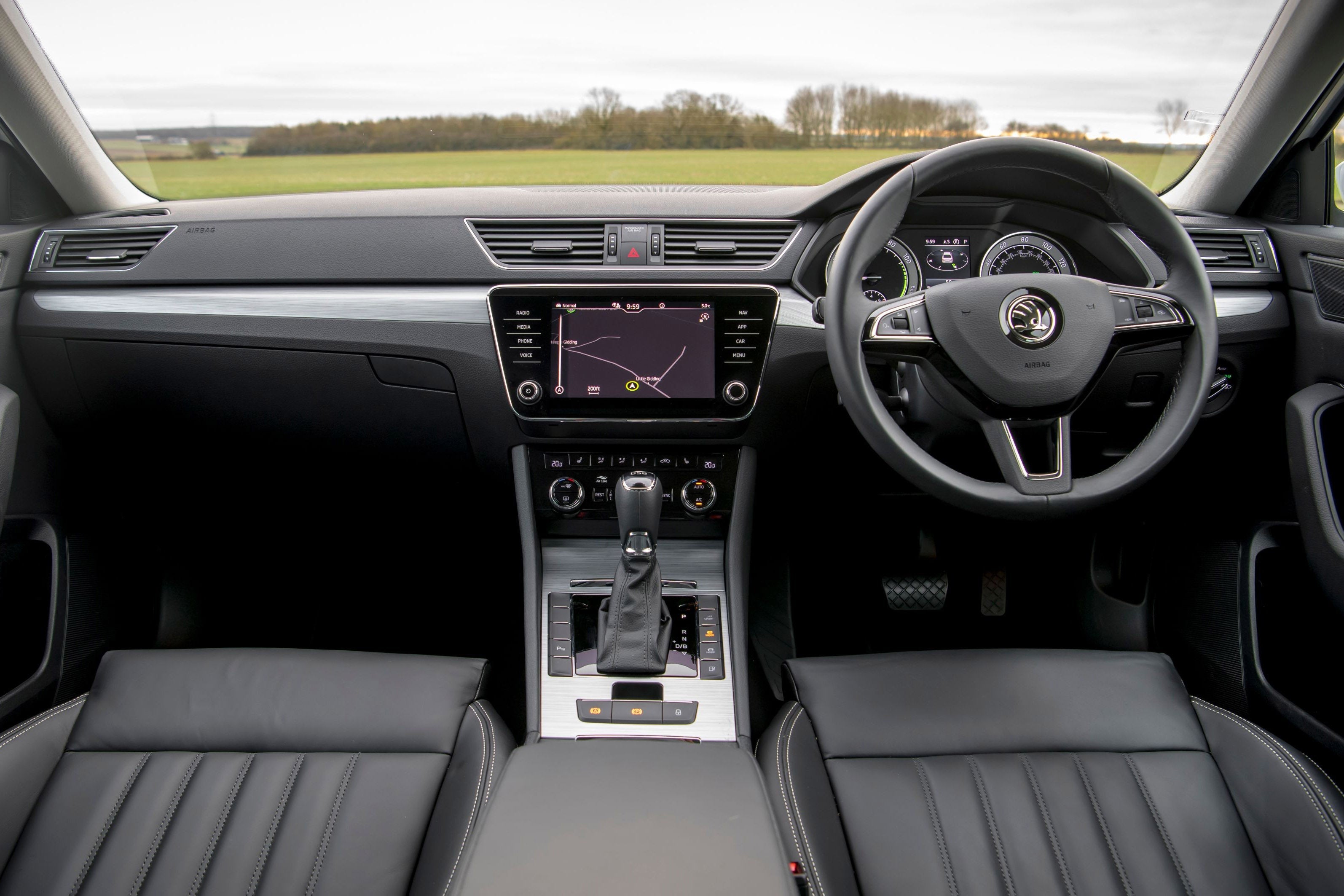 Skoda Superb Review 2023: close up interior photo of the Skoda Superb dashboard